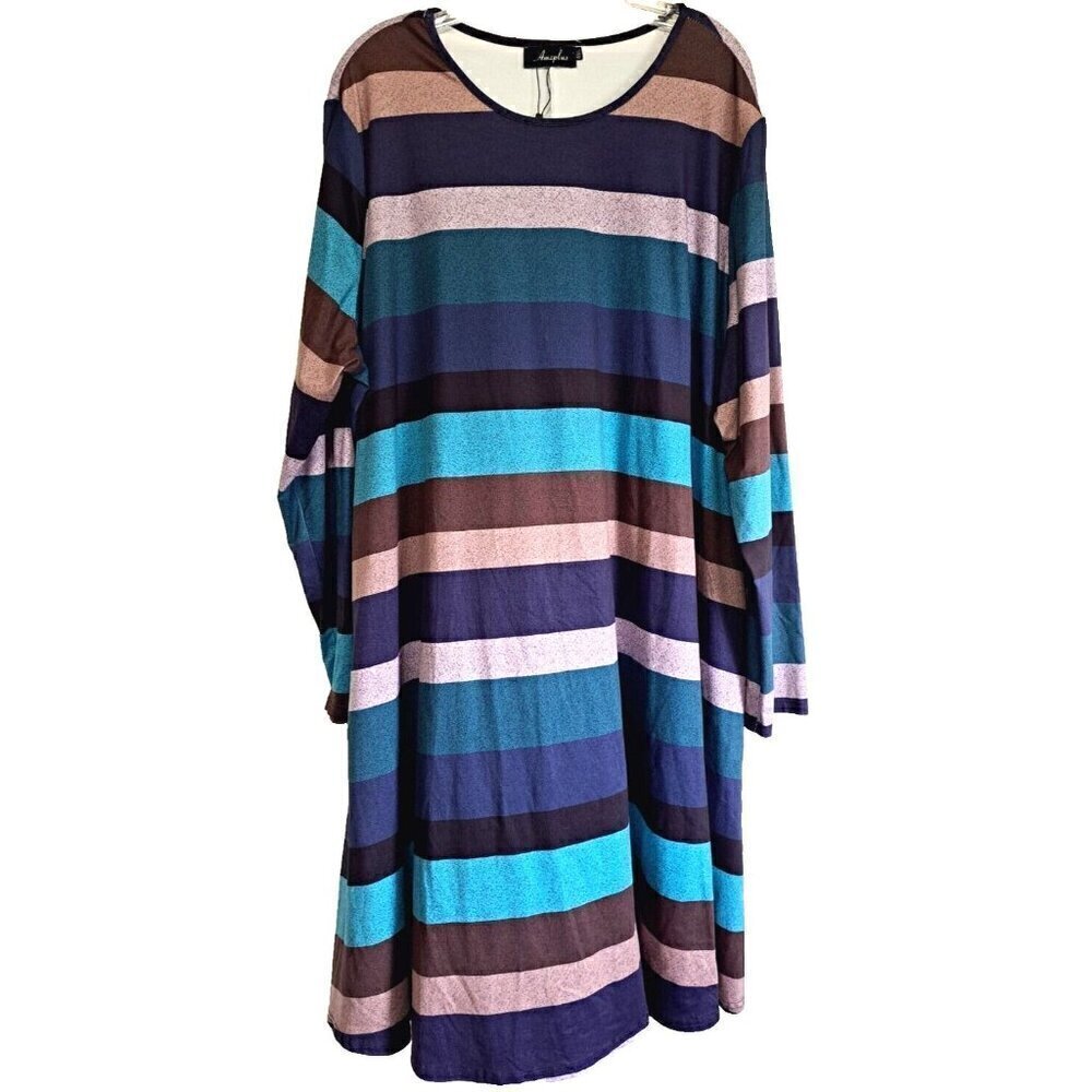 Amzplus Women's 4XL Striped Long Sleeve Dress Scoop Neck Office Business